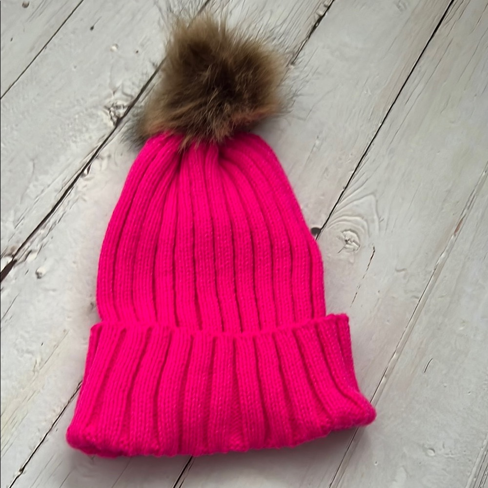 Pink Knit Beanie with Faux Fur Pom